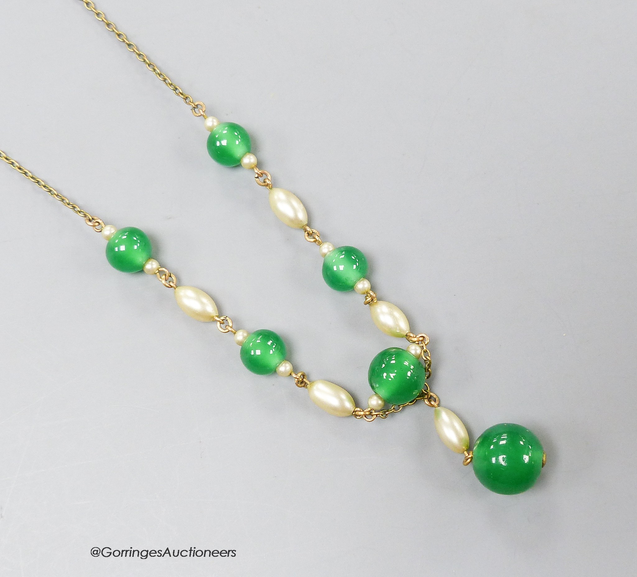 A 9ct, chrysoprase and simulated pearl set drop necklace, 42cm, gross 5.8 grams.